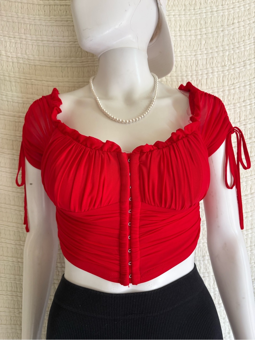 Red Ruched Front Crop Top with Hook Closure
